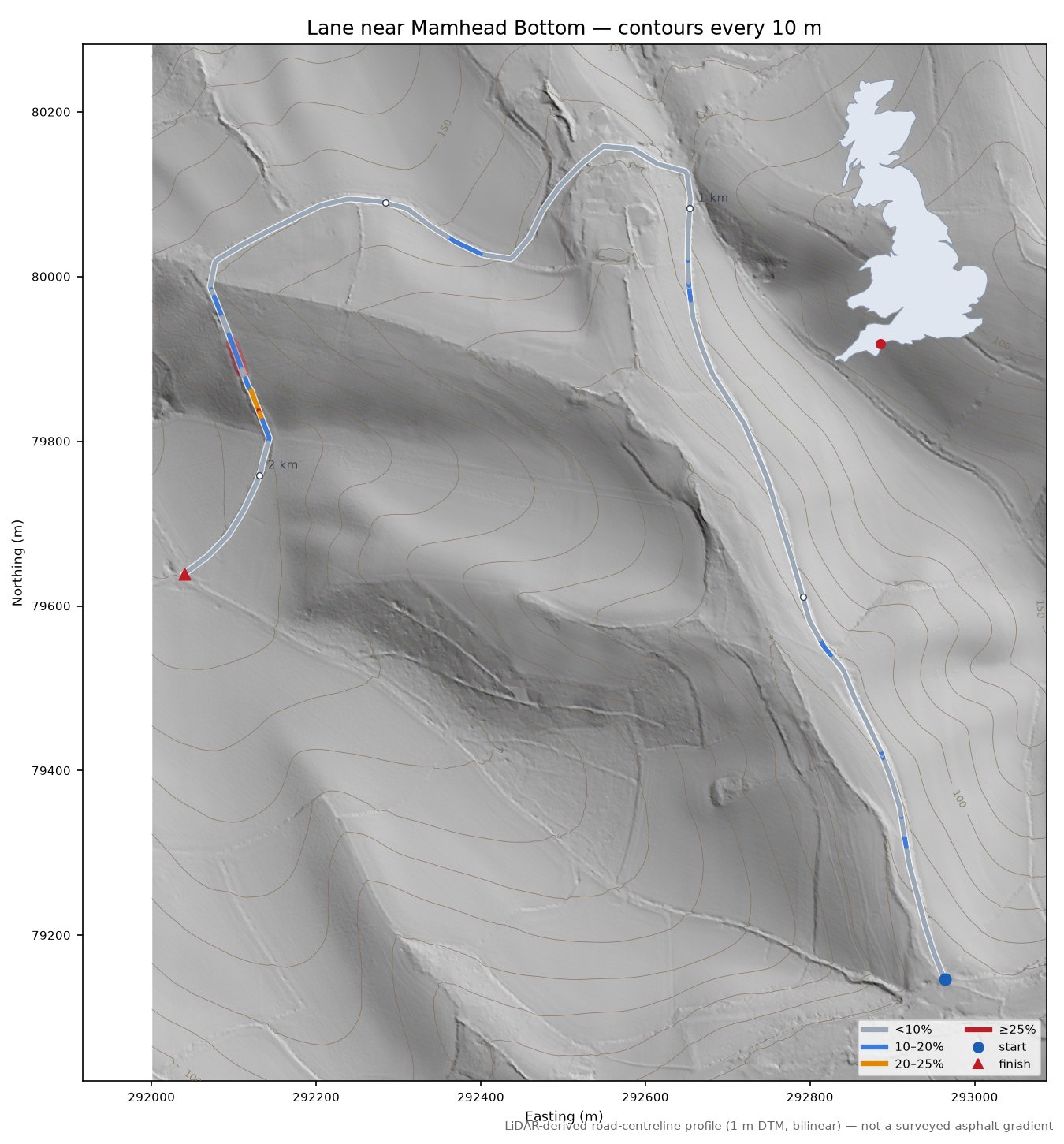 Lane near Mamhead Bottom LiDAR hillshade map with contours