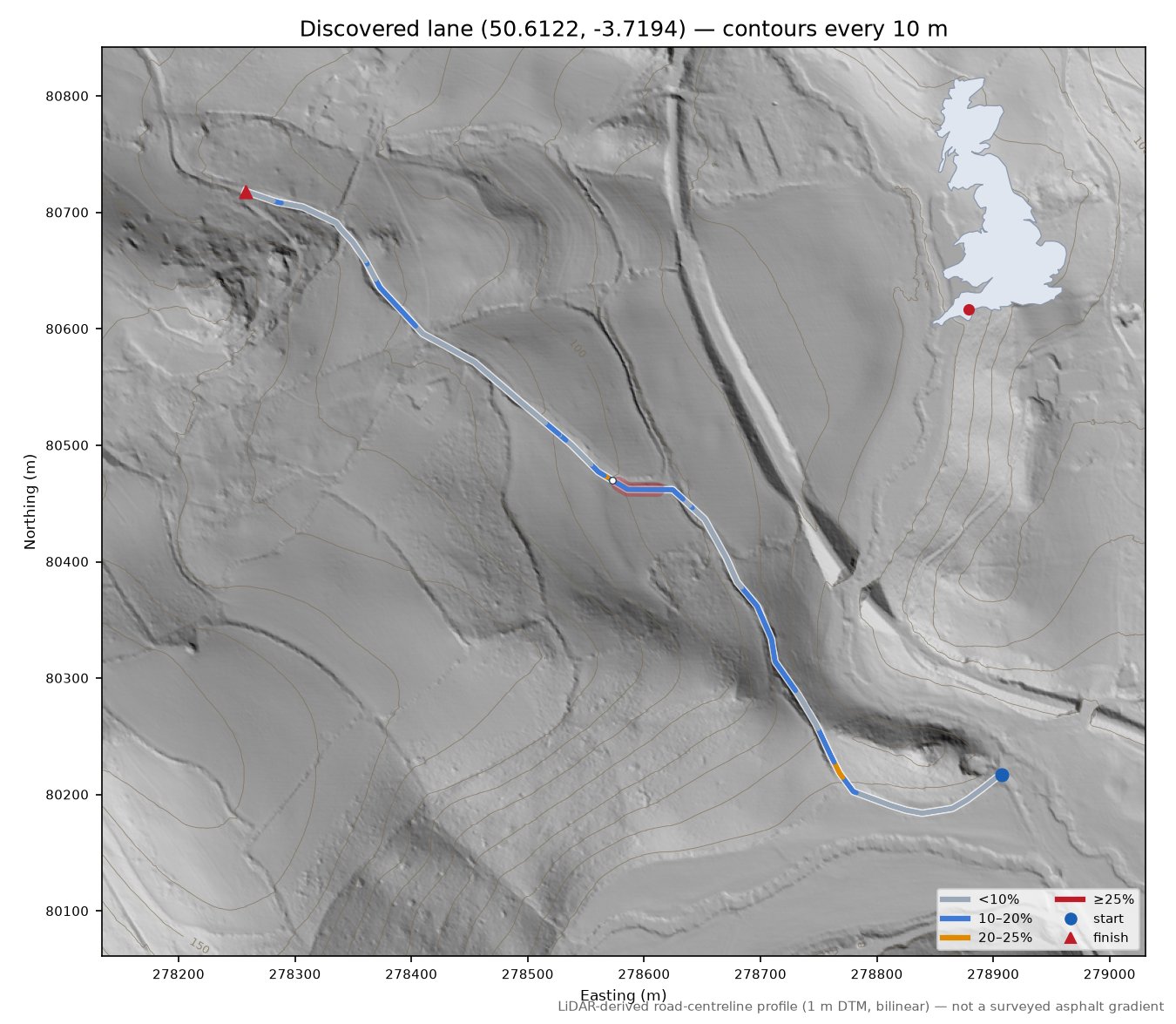 Discovered lane (50.6122, -3.7194) LiDAR hillshade map with contours