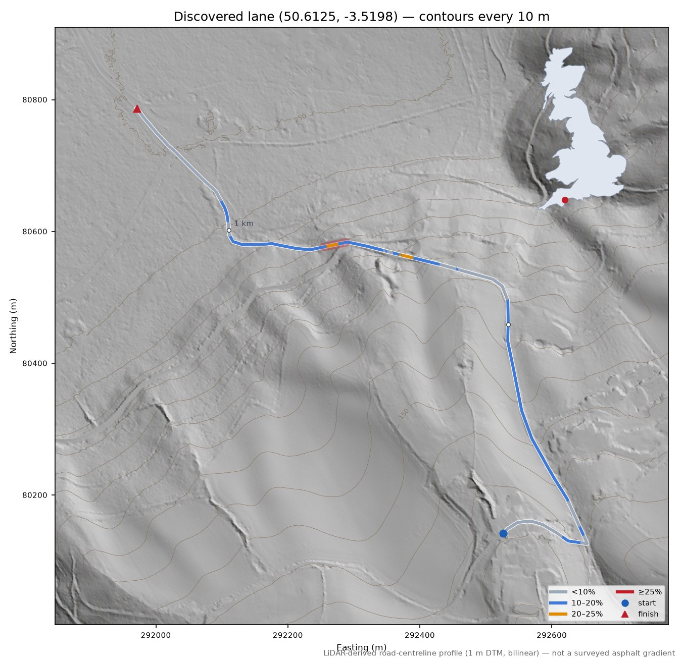 Discovered lane (50.6125, -3.5198) LiDAR hillshade map with contours