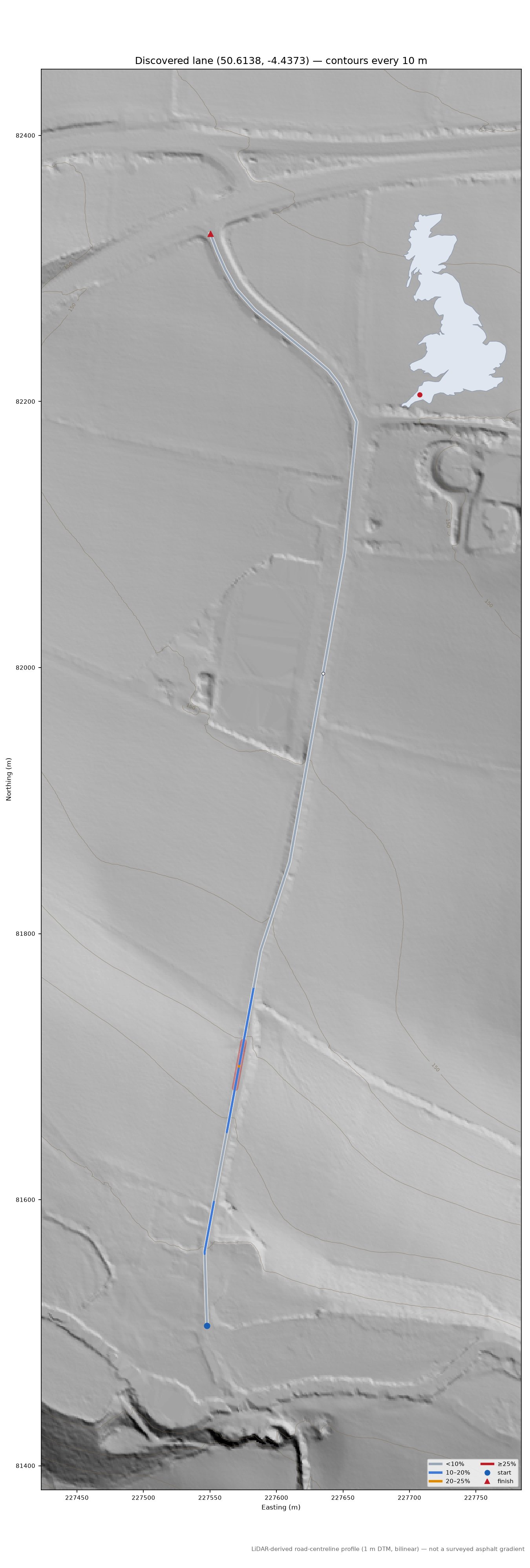 Discovered lane (50.6138, -4.4373) LiDAR hillshade map with contours