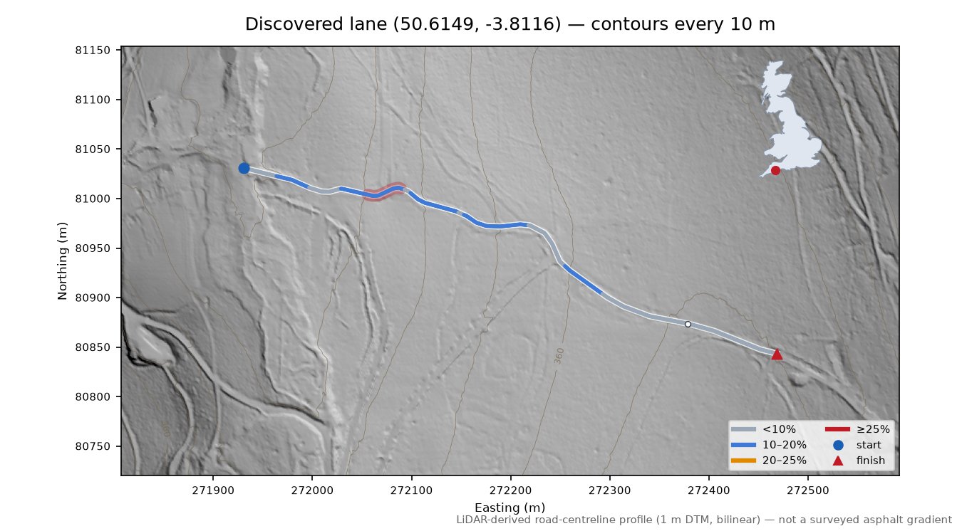 Discovered lane (50.6149, -3.8116) LiDAR hillshade map with contours