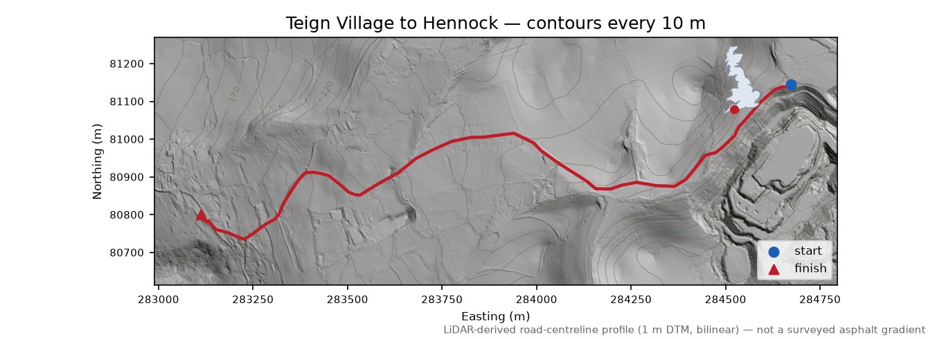 Teign Village to Hennock LiDAR hillshade map with contours