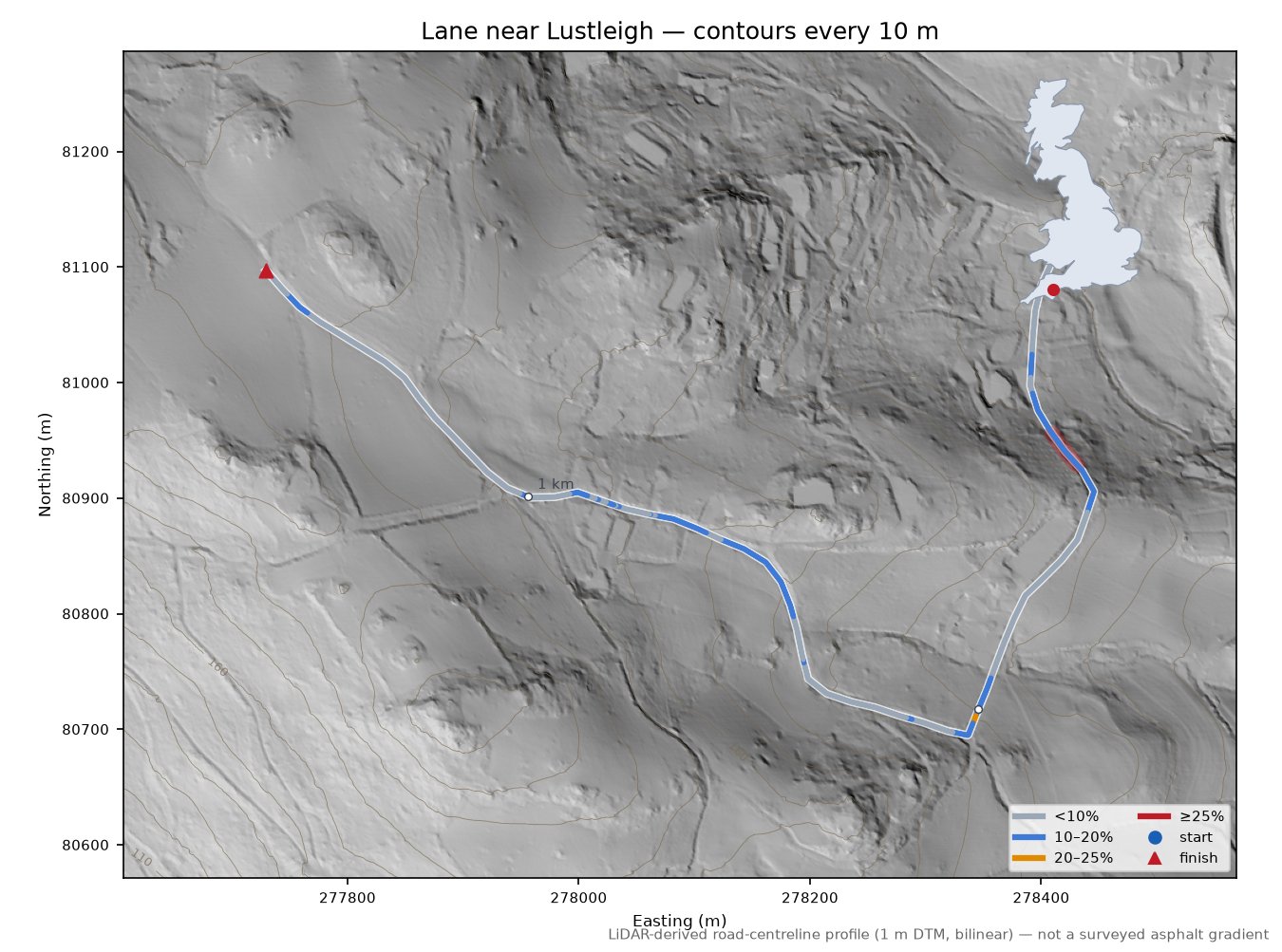 Lane near Lustleigh LiDAR hillshade map with contours