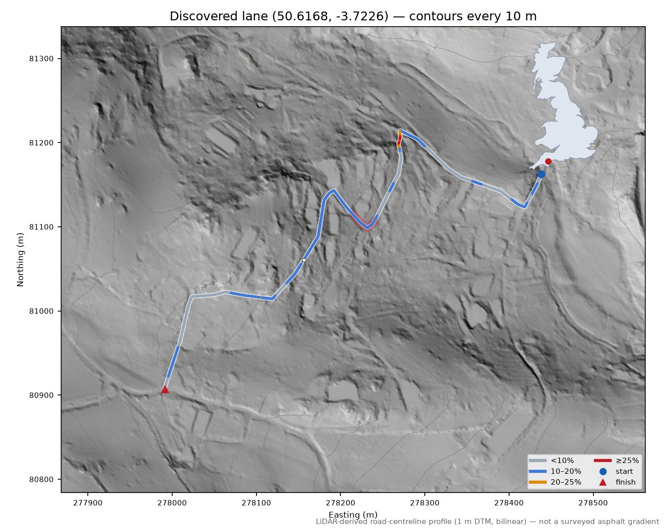 Discovered lane (50.6168, -3.7226) LiDAR hillshade map with contours