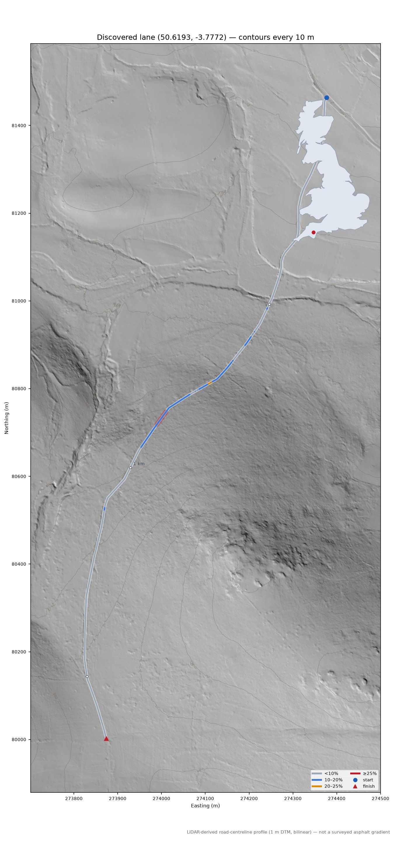 Discovered lane (50.6193, -3.7772) LiDAR hillshade map with contours