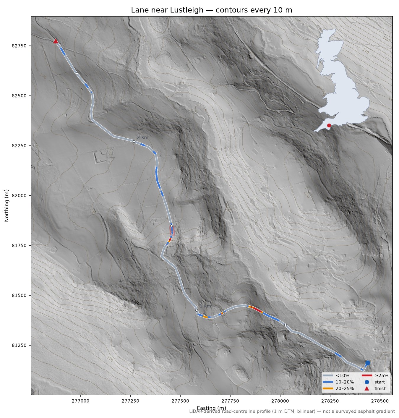 Lane near Lustleigh LiDAR hillshade map with contours