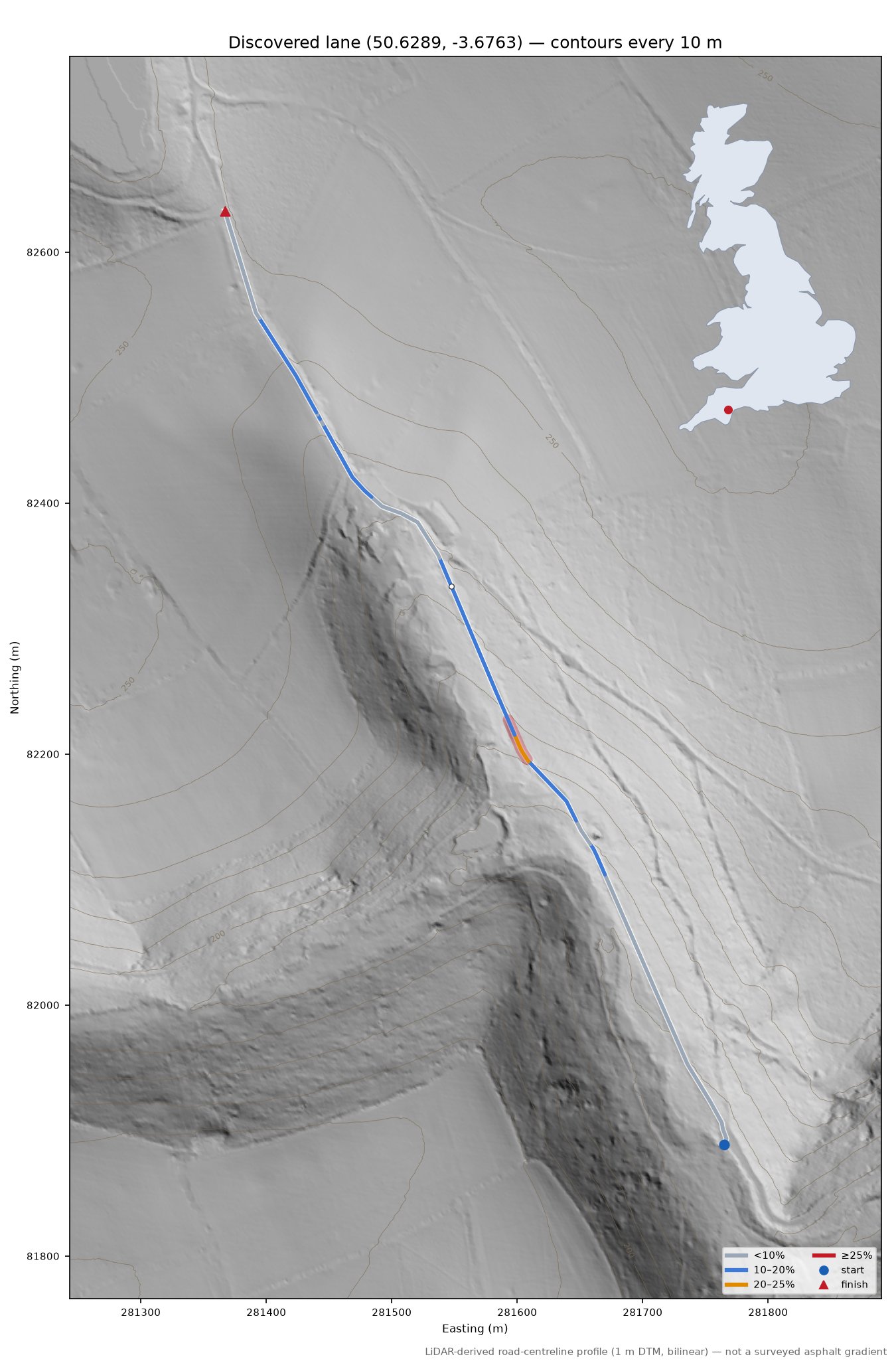 Discovered lane (50.6289, -3.6763) LiDAR hillshade map with contours