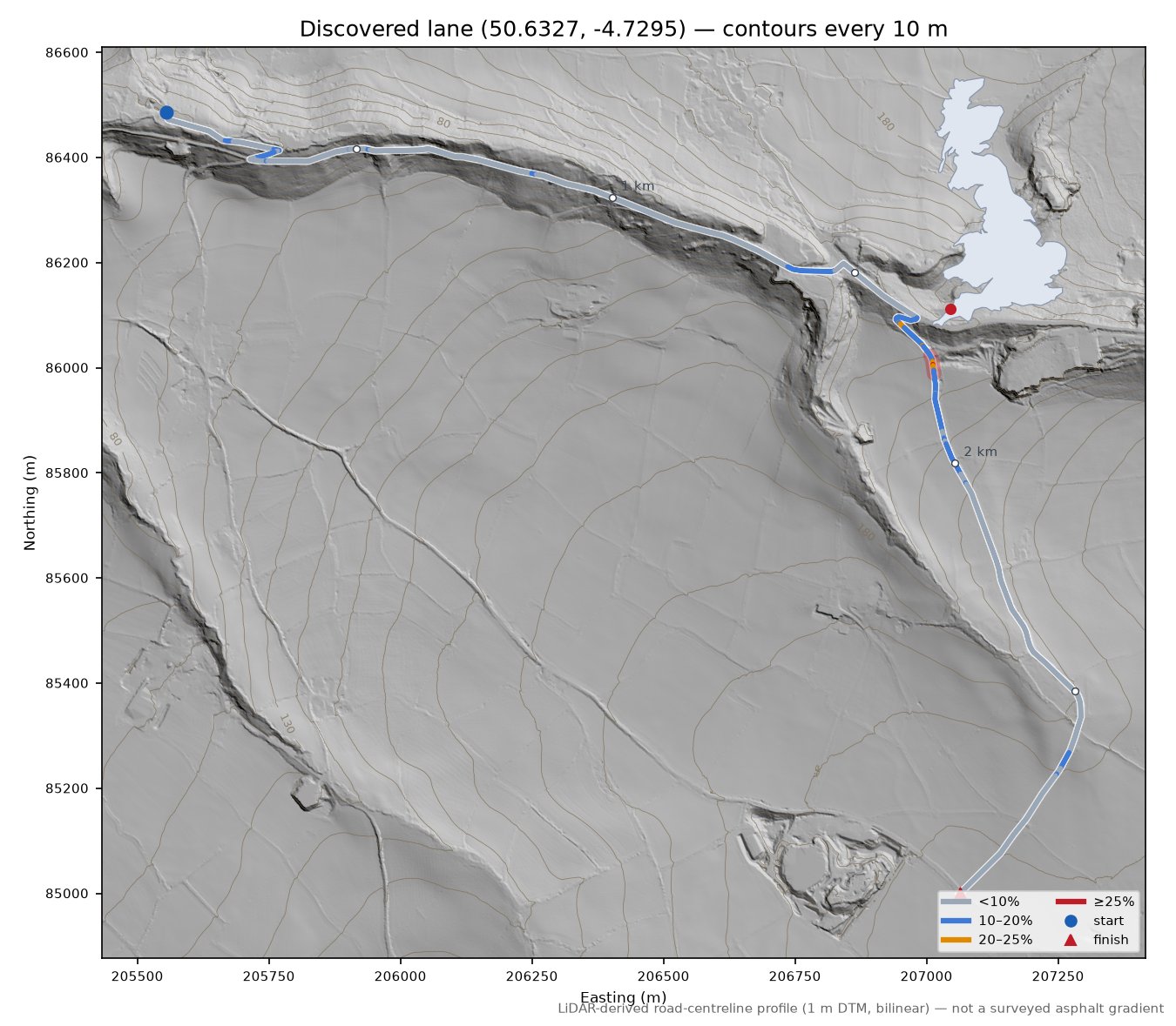 Discovered lane (50.6327, -4.7295) LiDAR hillshade map with contours
