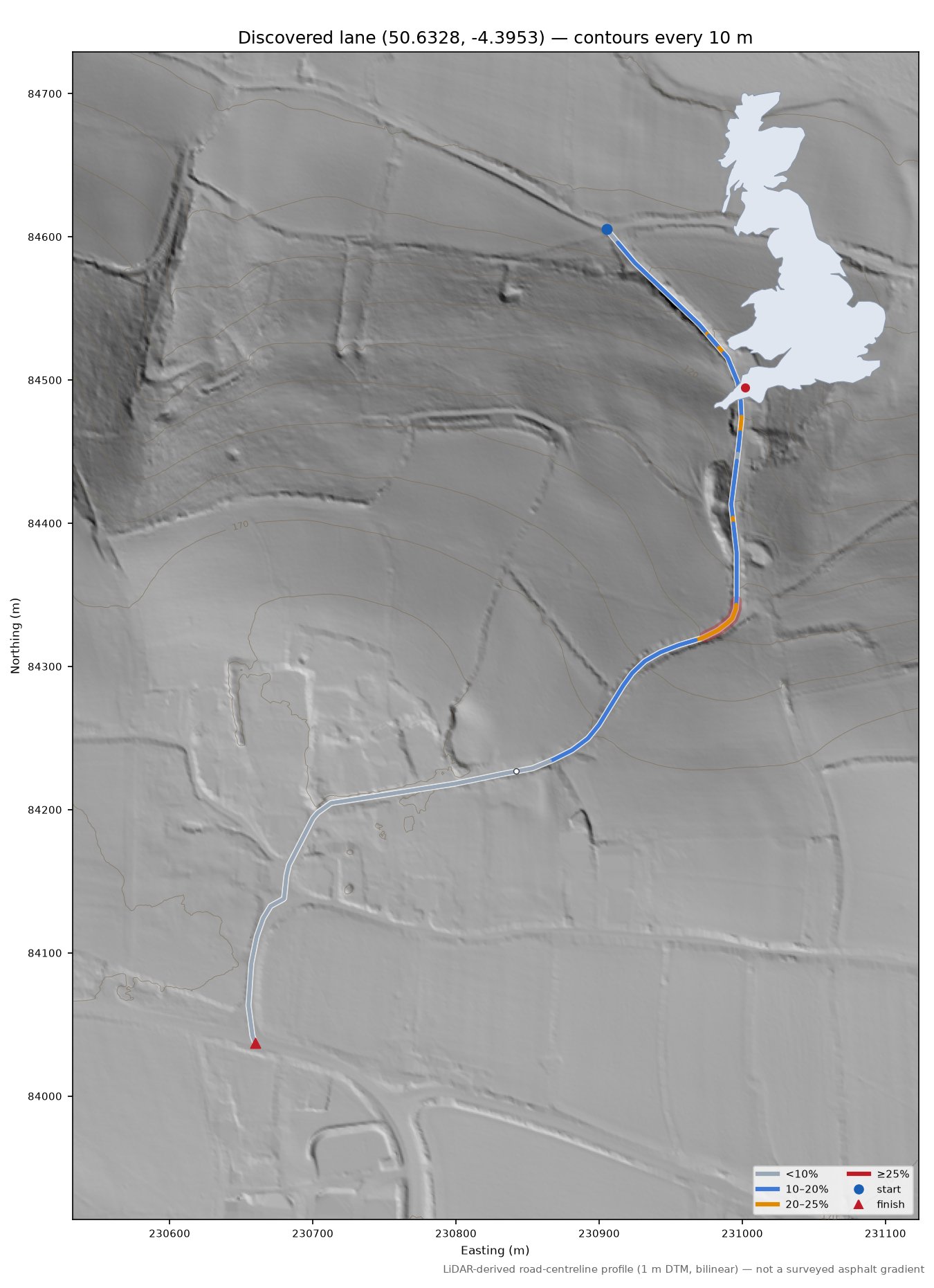 Discovered lane (50.6328, -4.3953) LiDAR hillshade map with contours