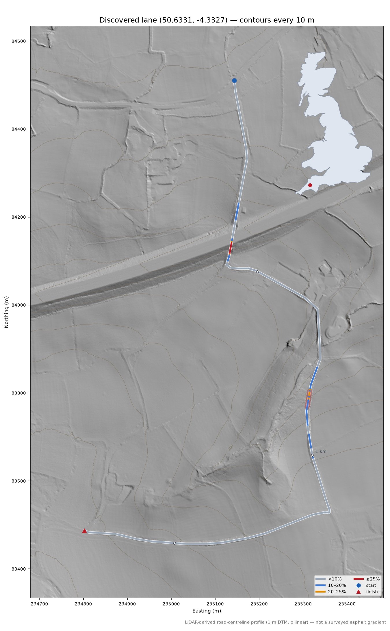 Discovered lane (50.6331, -4.3327) LiDAR hillshade map with contours