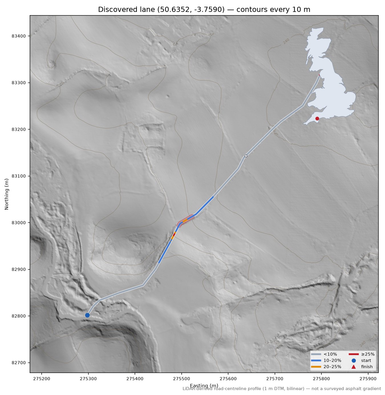 Discovered lane (50.6352, -3.7590) LiDAR hillshade map with contours