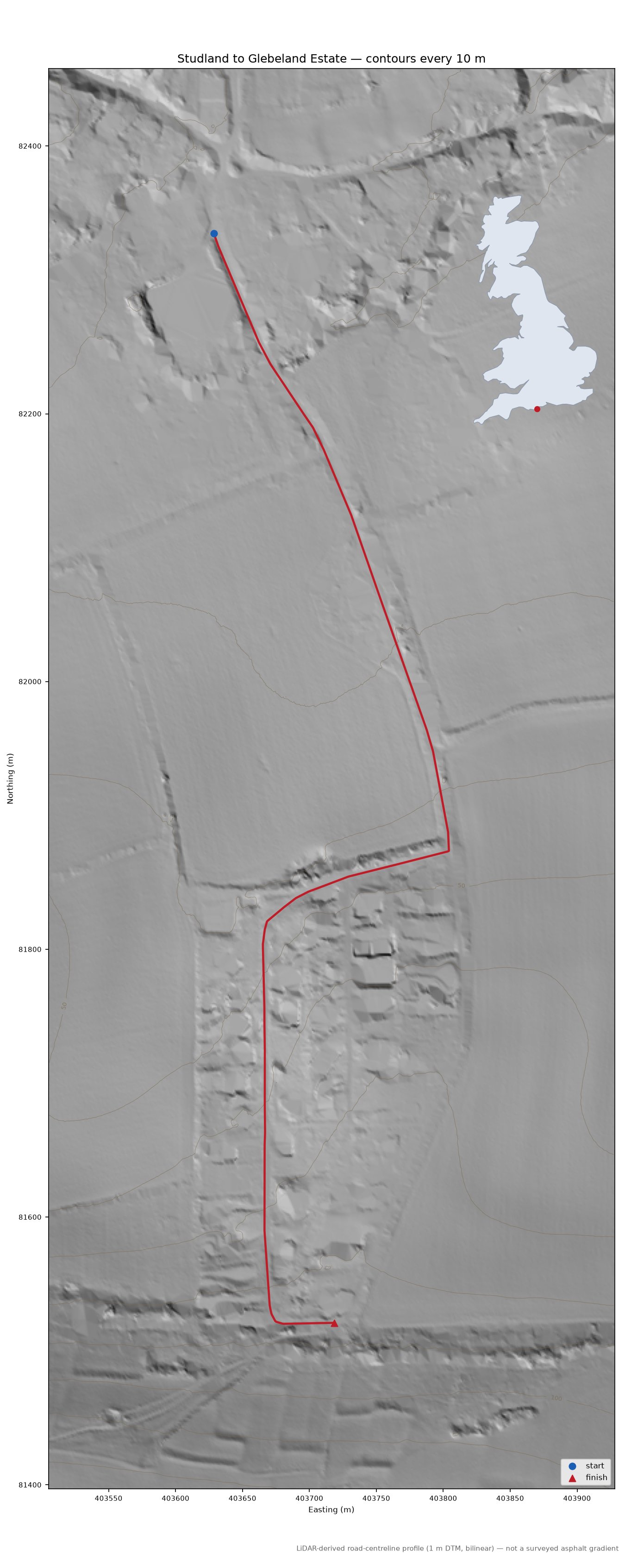 Studland to Glebeland Estate LiDAR hillshade map with contours