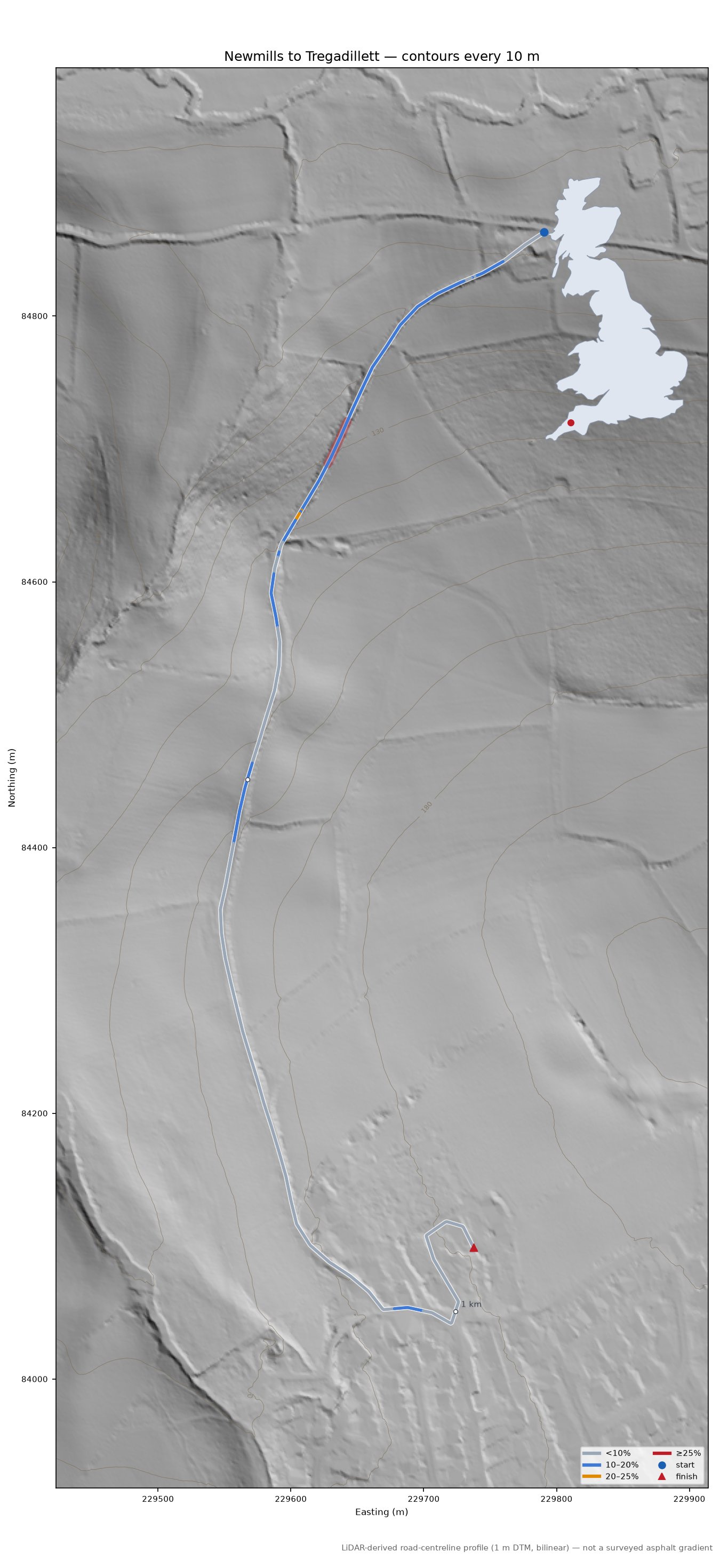 Newmills to Tregadillett LiDAR hillshade map with contours