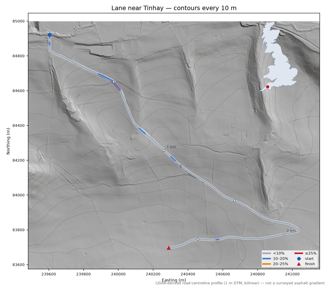 Lane near Tinhay LiDAR hillshade map with contours