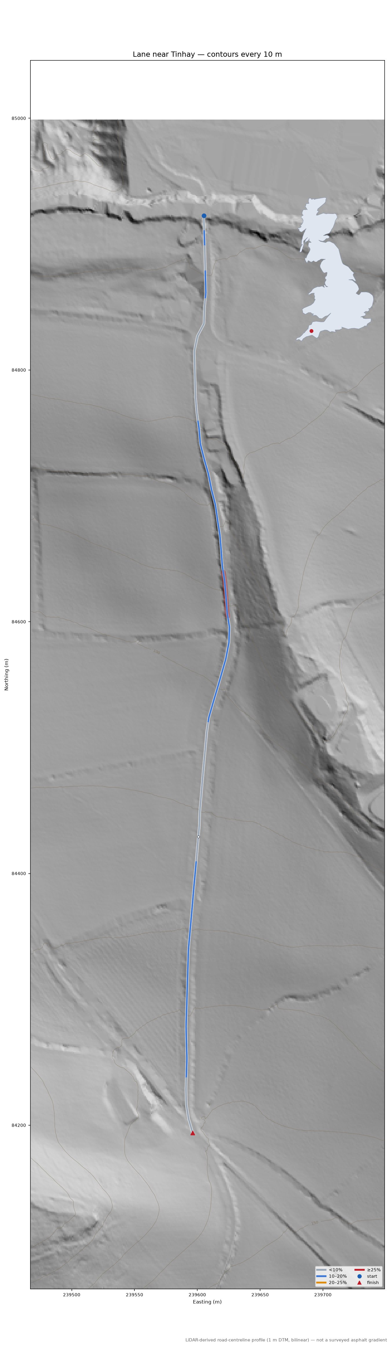 Lane near Tinhay LiDAR hillshade map with contours
