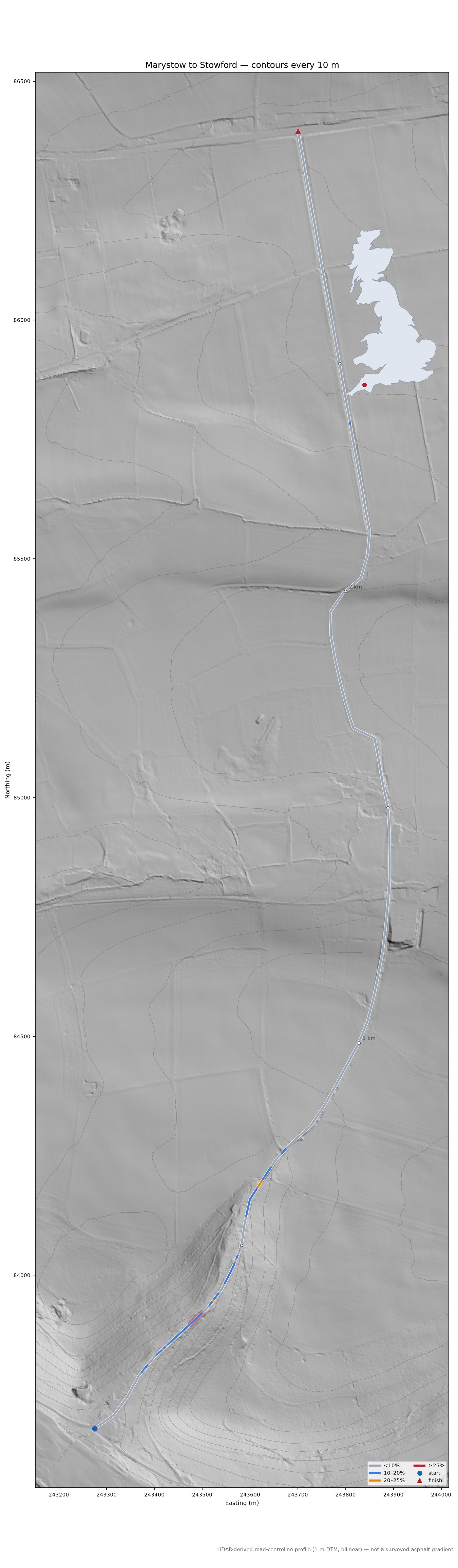 Marystow to Stowford LiDAR hillshade map with contours