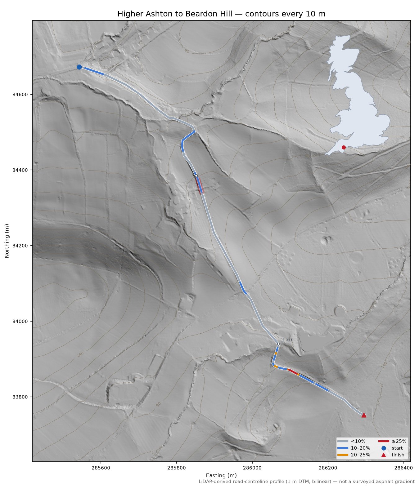 Higher Ashton to Beardon Hill LiDAR hillshade map with contours