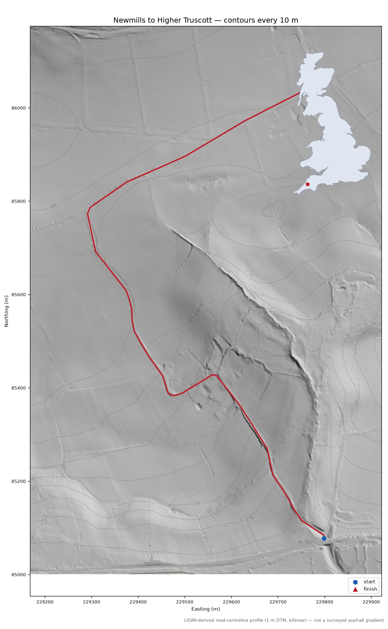Newmills to Higher Truscott LiDAR hillshade map with contours