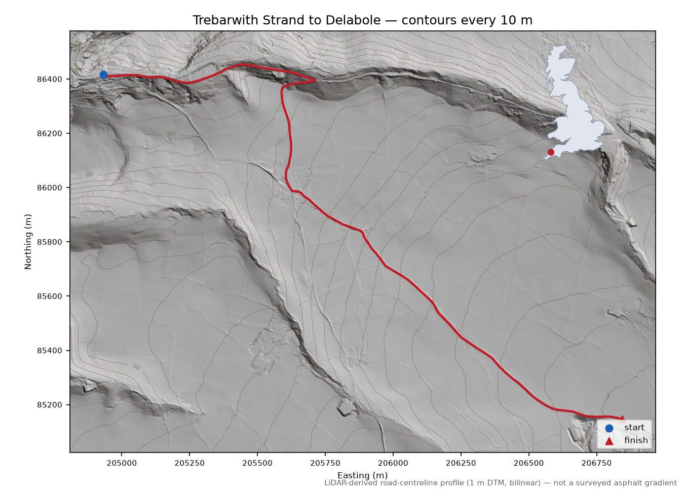 Trebarwith Strand to Delabole LiDAR hillshade map with contours