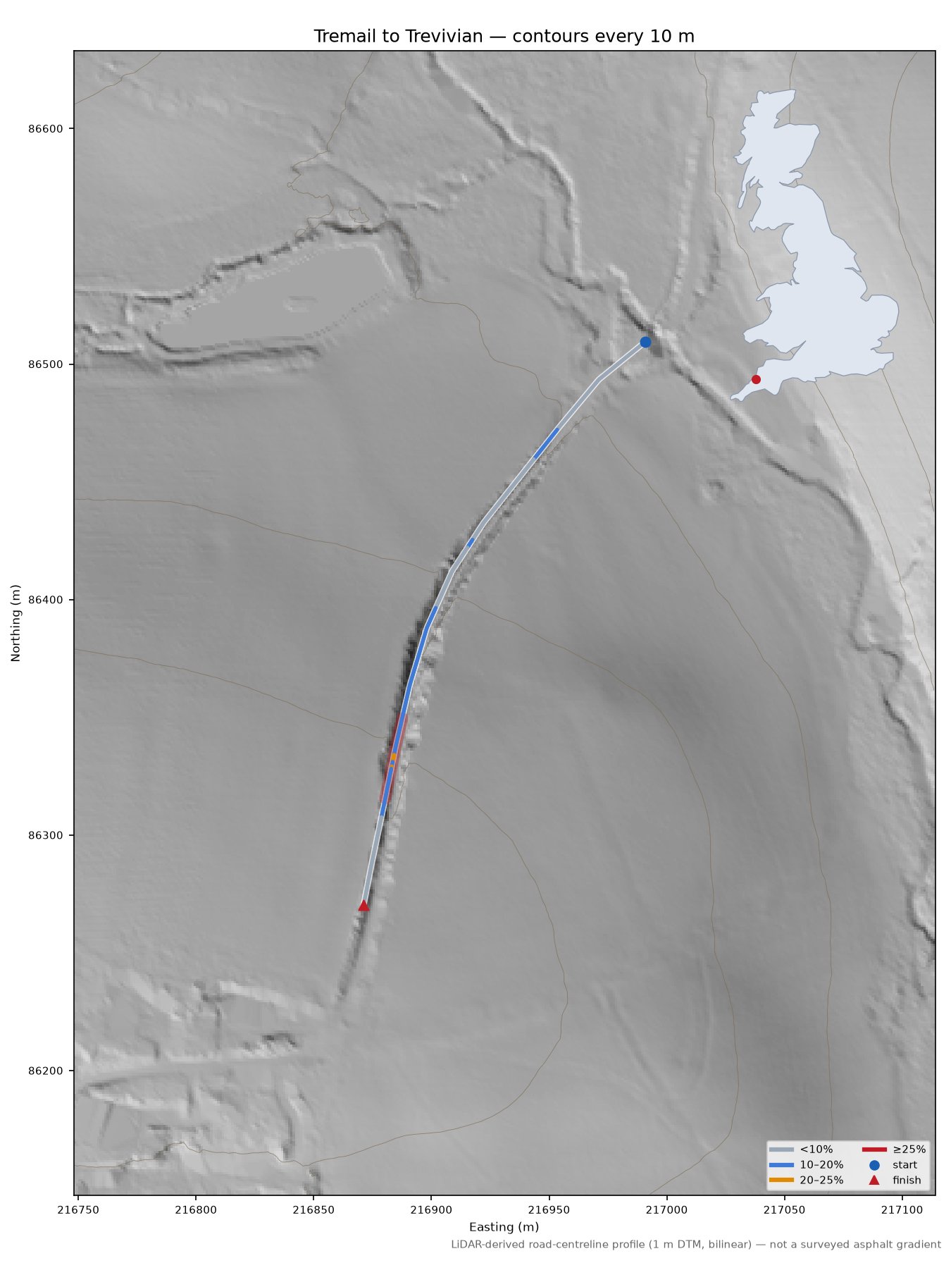 Tremail to Trevivian LiDAR hillshade map with contours