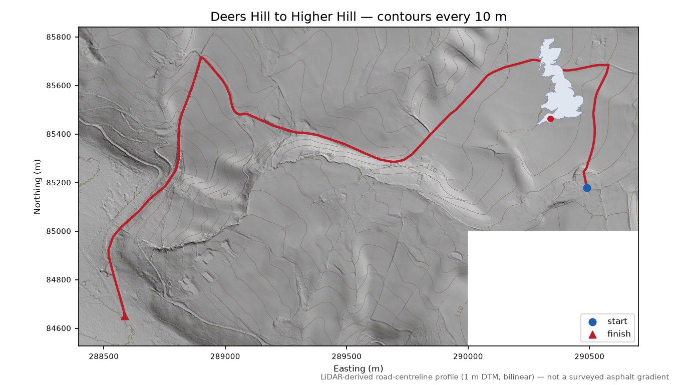 Deers Hill to Higher Hill LiDAR hillshade map with contours