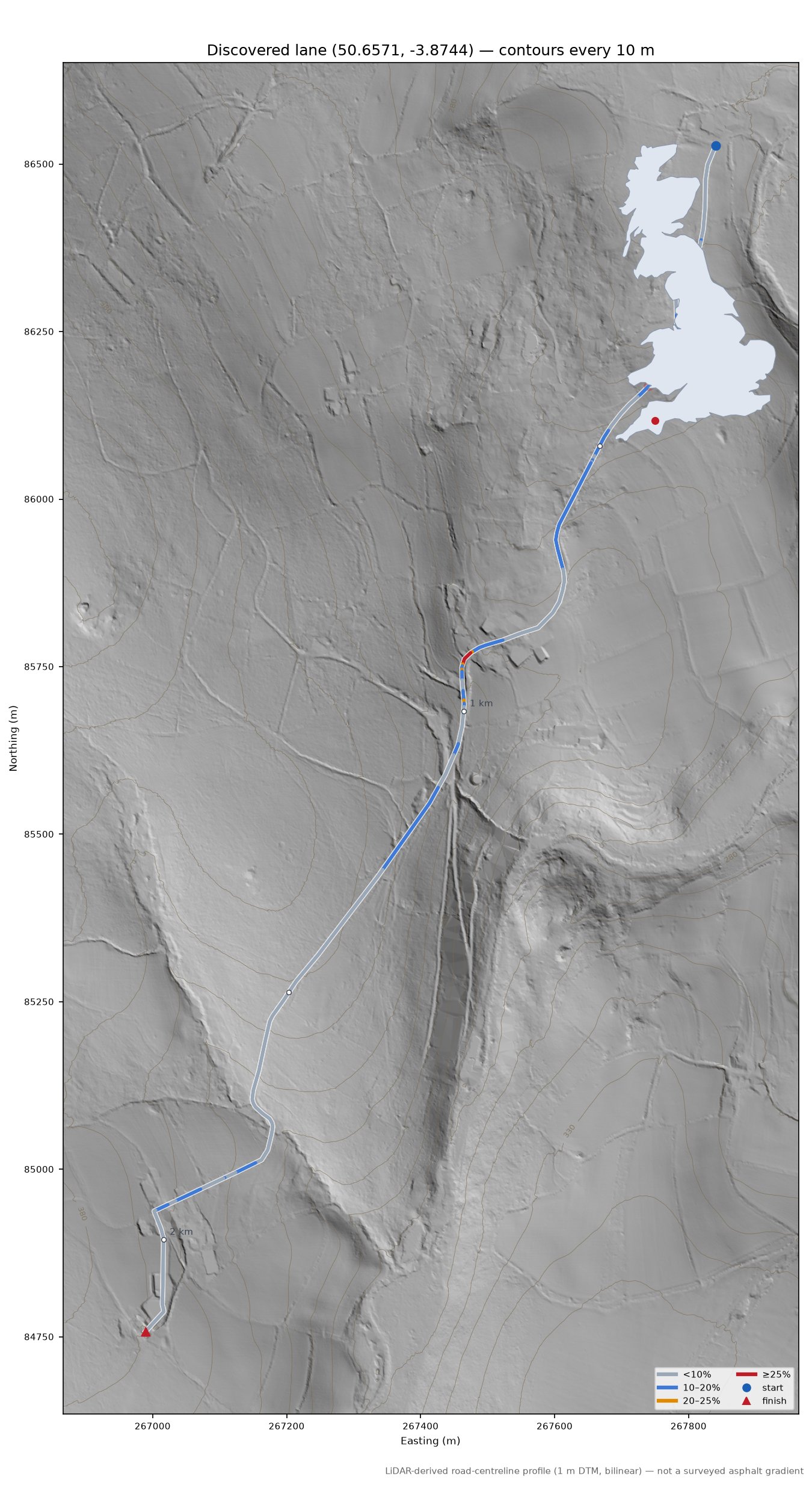 Discovered lane (50.6571, -3.8744) LiDAR hillshade map with contours