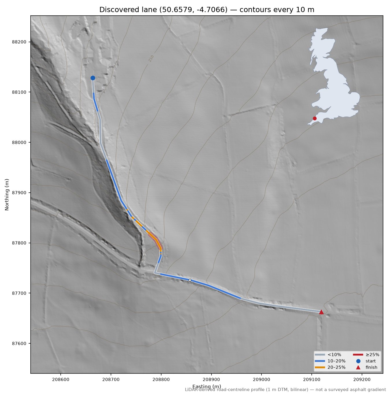 Discovered lane (50.6579, -4.7066) LiDAR hillshade map with contours