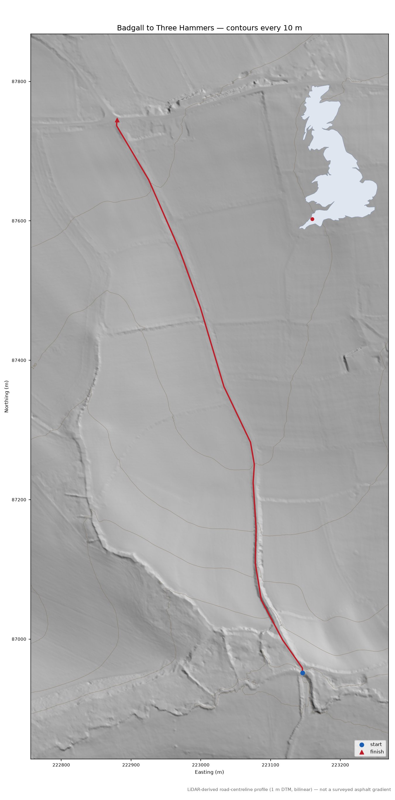 Badgall to Three Hammers LiDAR hillshade map with contours