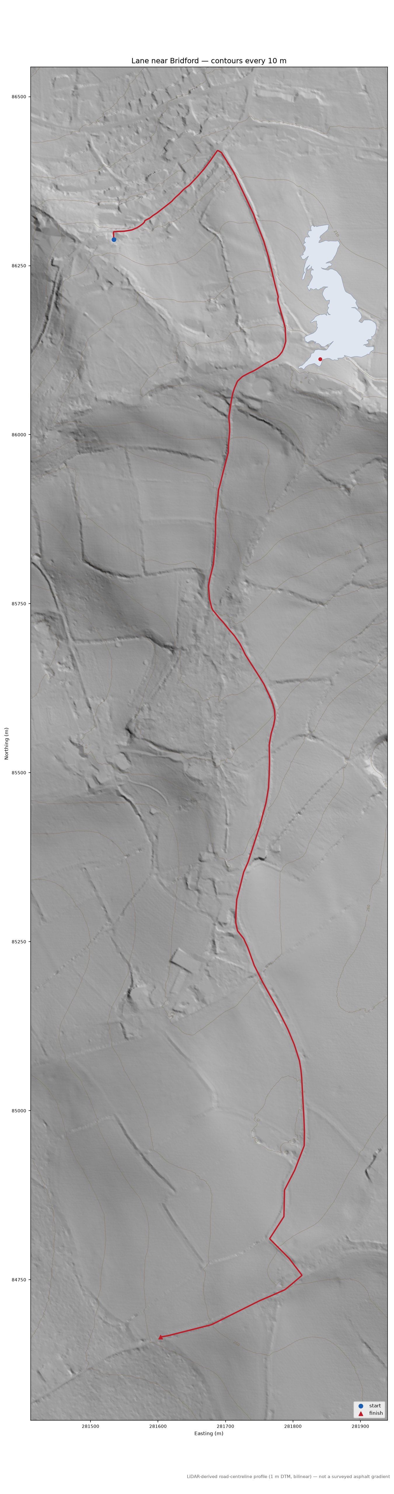 Lane near Bridford LiDAR hillshade map with contours