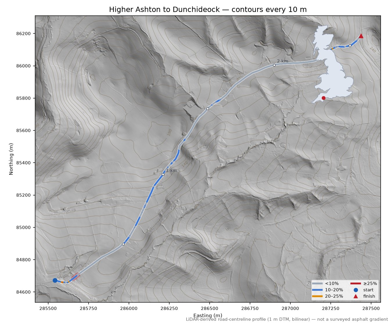 Higher Ashton to Dunchideock LiDAR hillshade map with contours