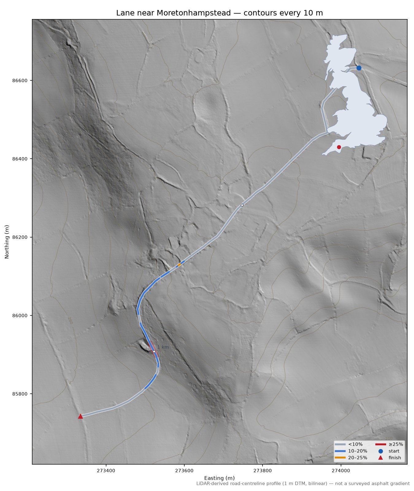 Lane near Moretonhampstead LiDAR hillshade map with contours
