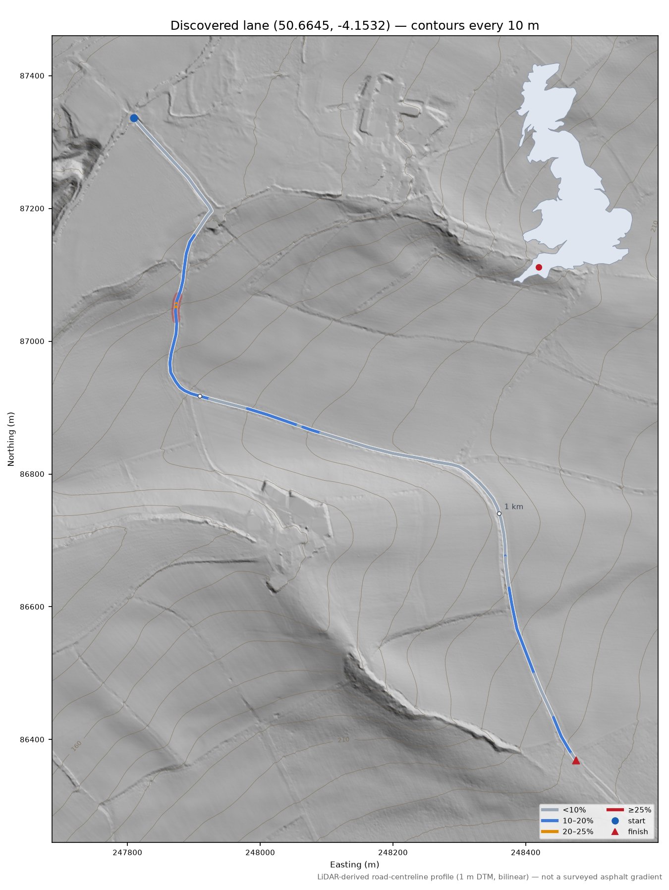 Discovered lane (50.6645, -4.1532) LiDAR hillshade map with contours