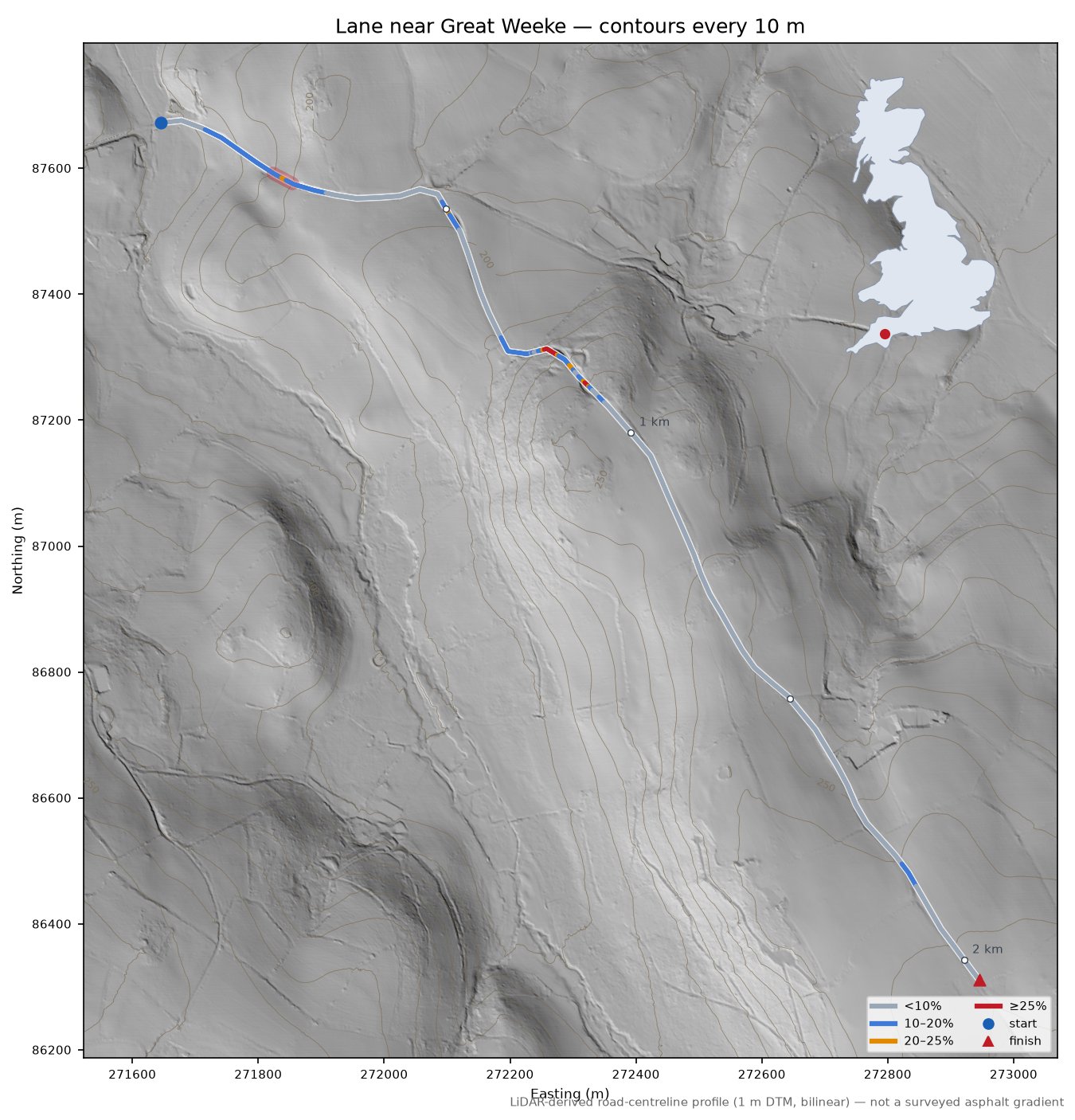 Lane near Great Weeke LiDAR hillshade map with contours