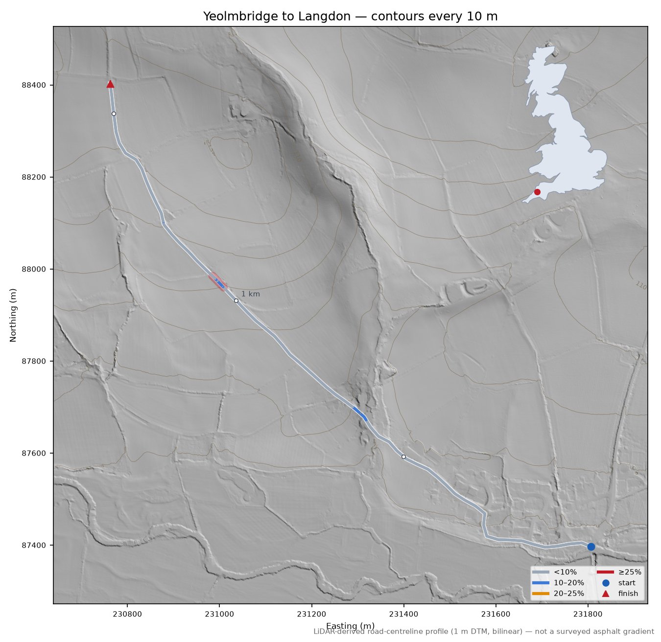 Yeolmbridge to Langdon LiDAR hillshade map with contours