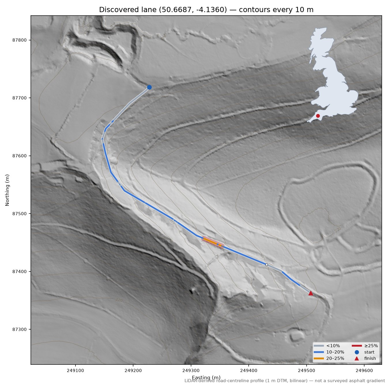 Discovered lane (50.6687, -4.1360) LiDAR hillshade map with contours