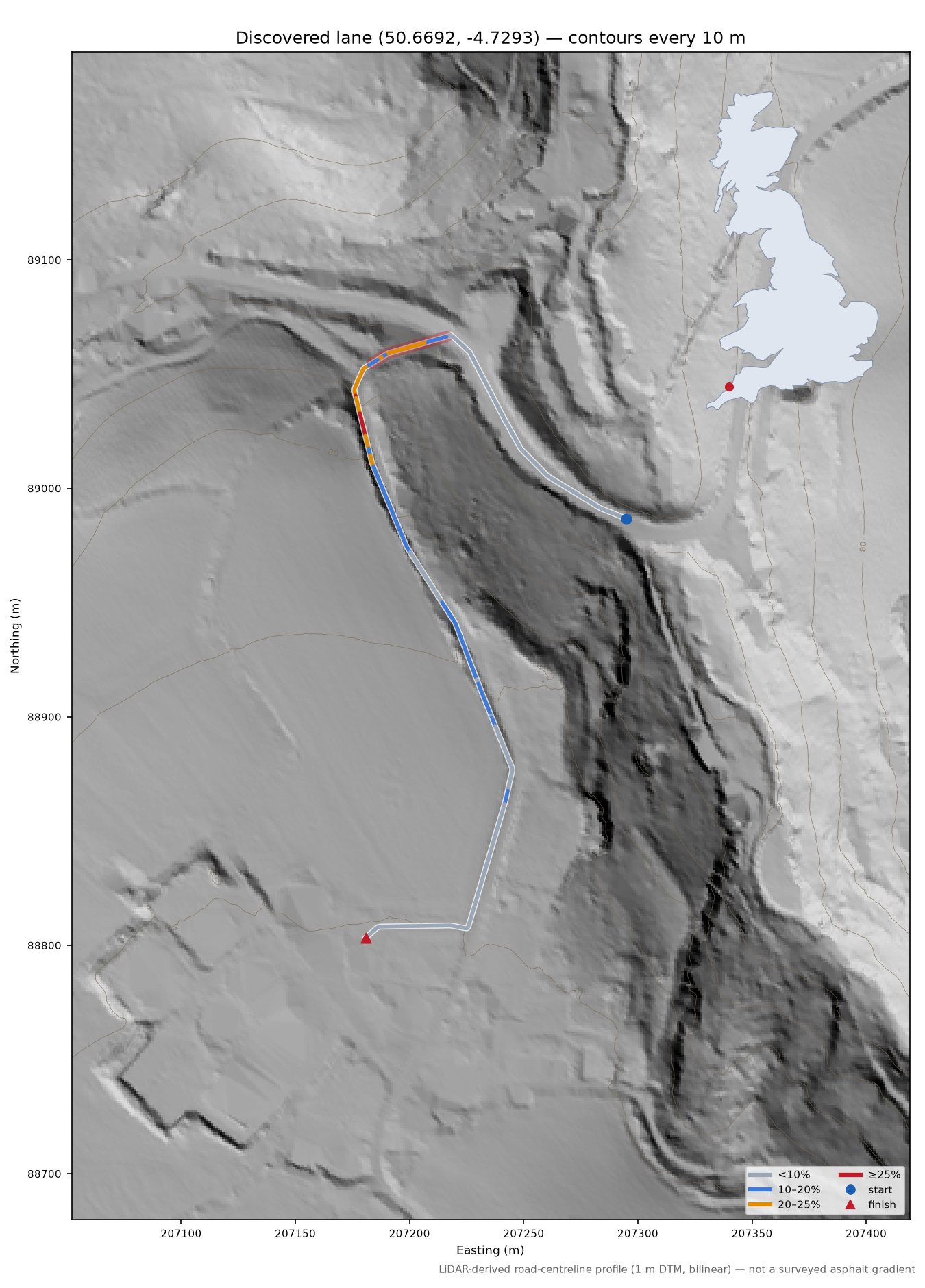 Discovered lane (50.6692, -4.7293) LiDAR hillshade map with contours