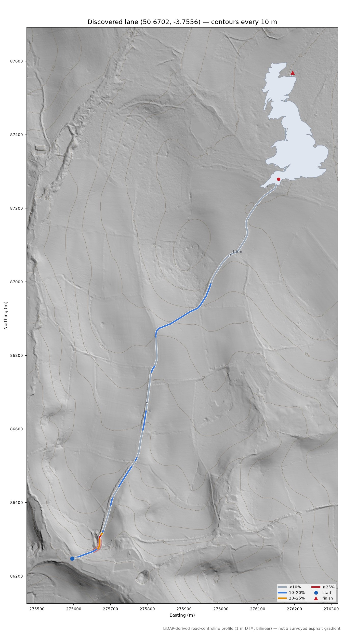 Discovered lane (50.6702, -3.7556) LiDAR hillshade map with contours