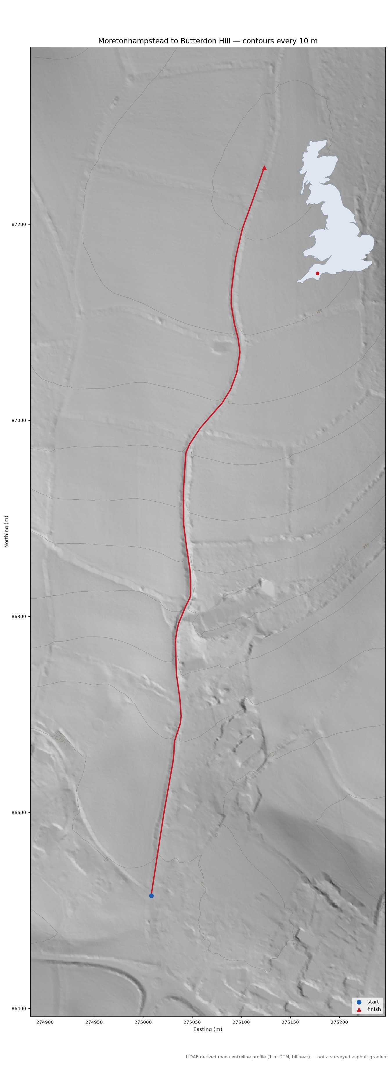 Moretonhampstead to Butterdon Hill LiDAR hillshade map with contours
