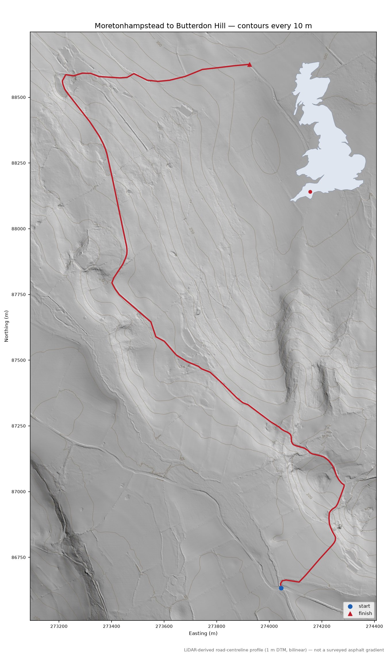 Moretonhampstead to Butterdon Hill LiDAR hillshade map with contours