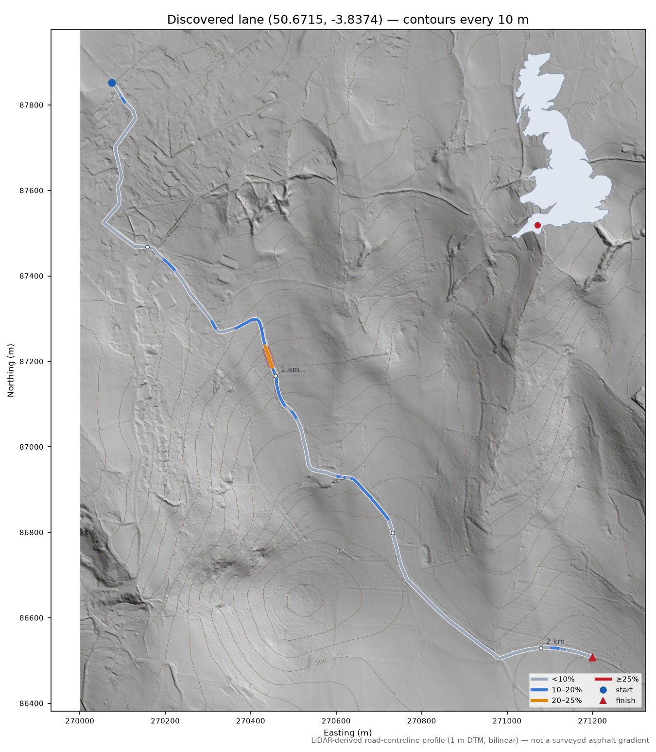 Discovered lane (50.6715, -3.8374) LiDAR hillshade map with contours