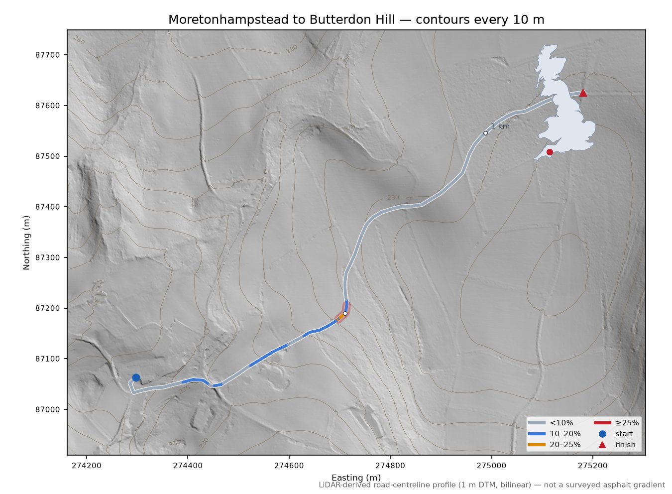 Moretonhampstead to Butterdon Hill LiDAR hillshade map with contours
