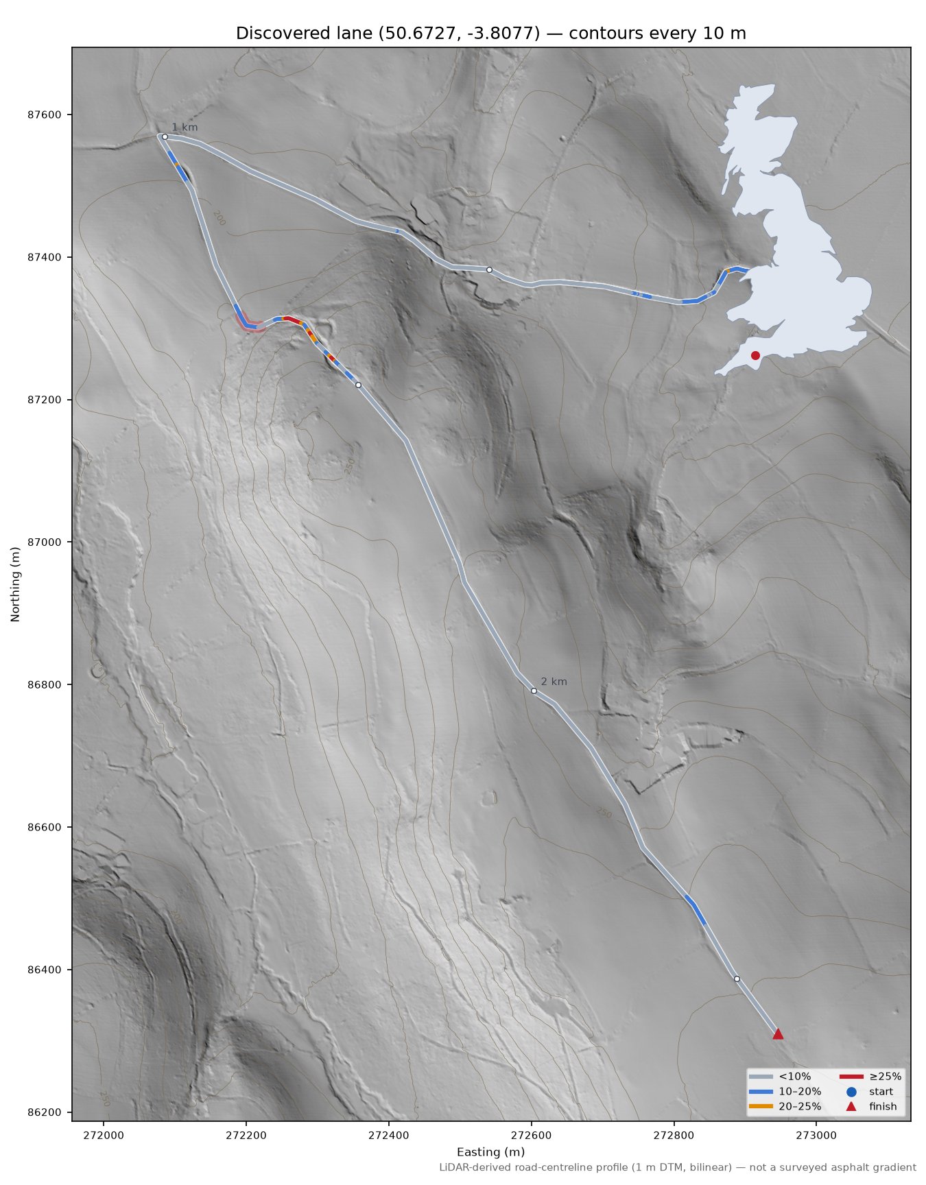 Discovered lane (50.6727, -3.8077) LiDAR hillshade map with contours