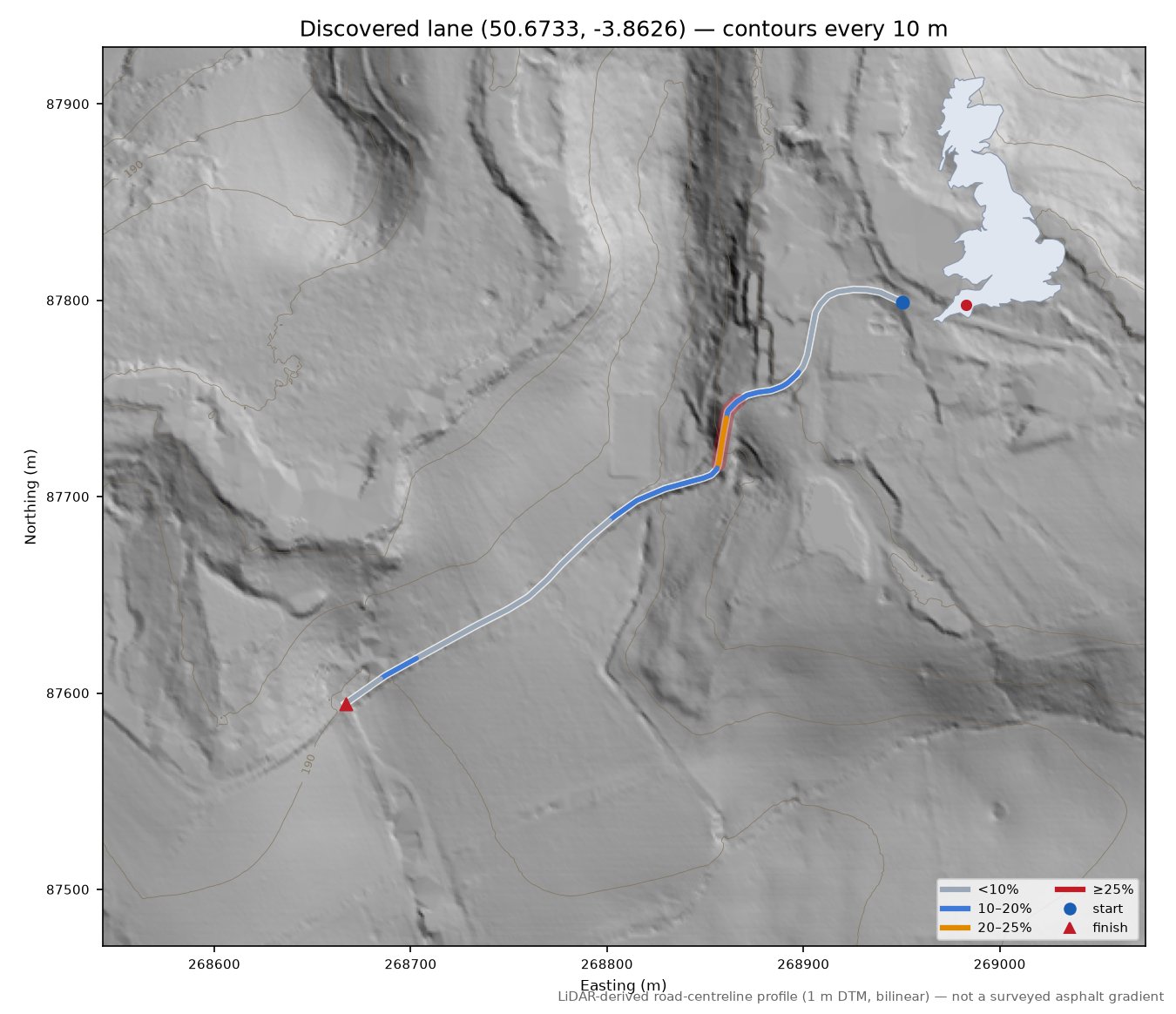 Discovered lane (50.6733, -3.8626) LiDAR hillshade map with contours