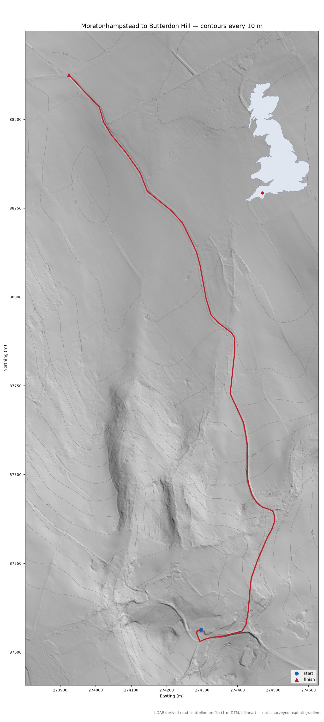 Moretonhampstead to Butterdon Hill LiDAR hillshade map with contours