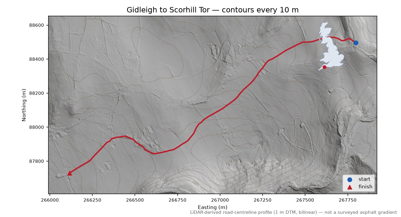 Gidleigh to Scorhill Tor LiDAR hillshade map with contours