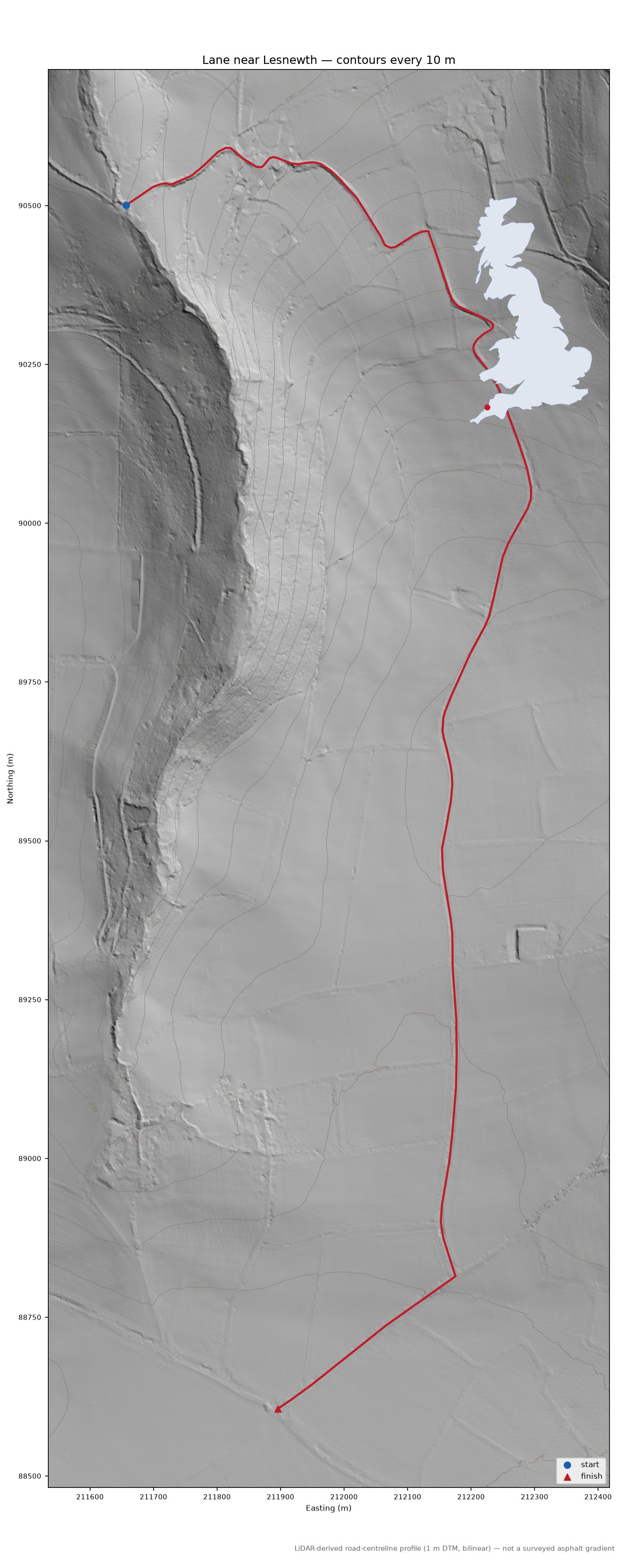 Lane near Lesnewth LiDAR hillshade map with contours