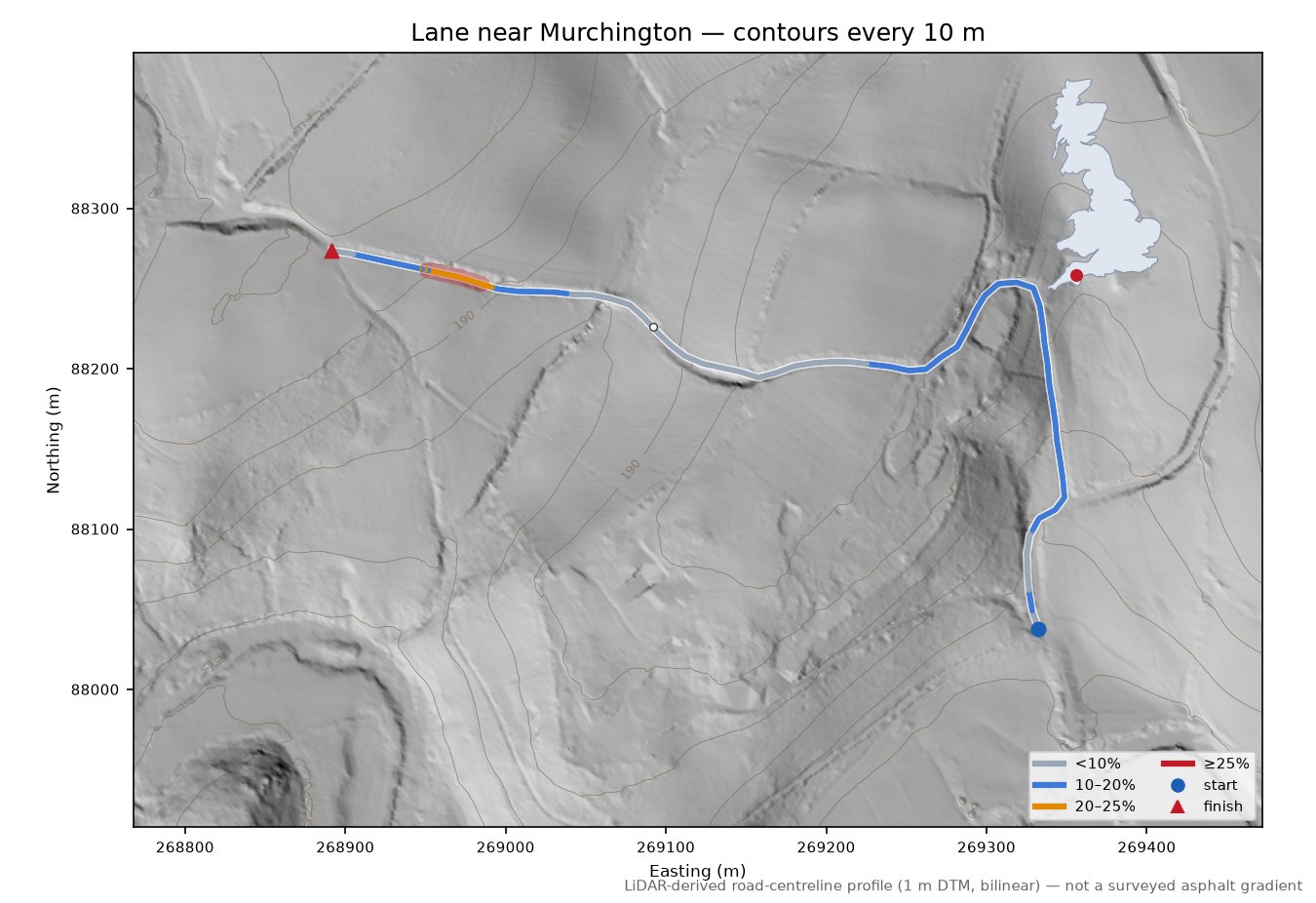 Lane near Murchington LiDAR hillshade map with contours