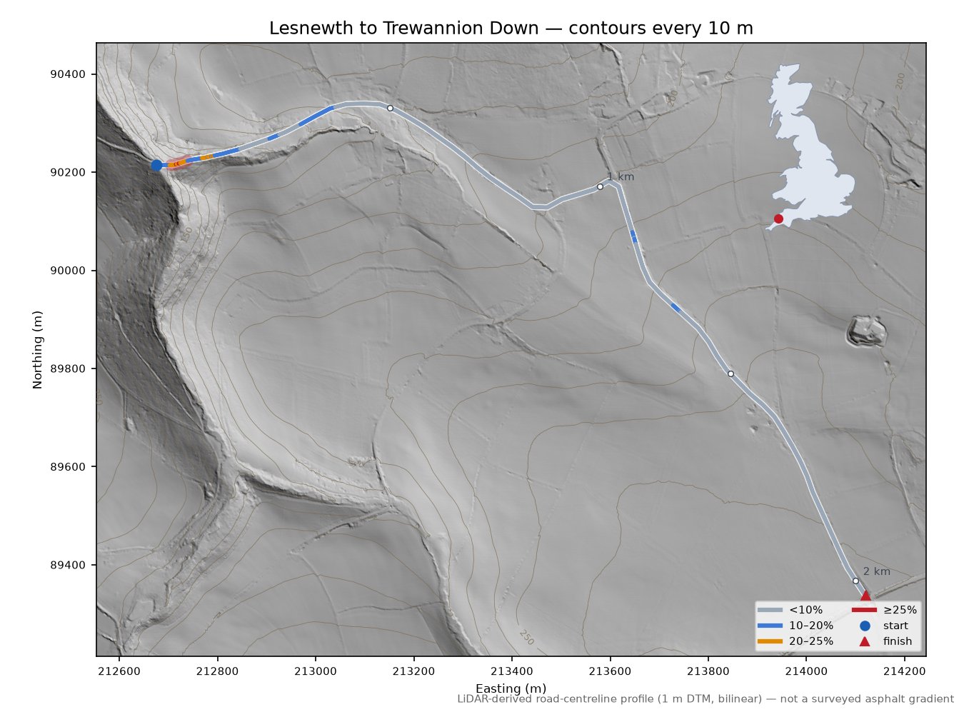 Lesnewth to Trewannion Down LiDAR hillshade map with contours
