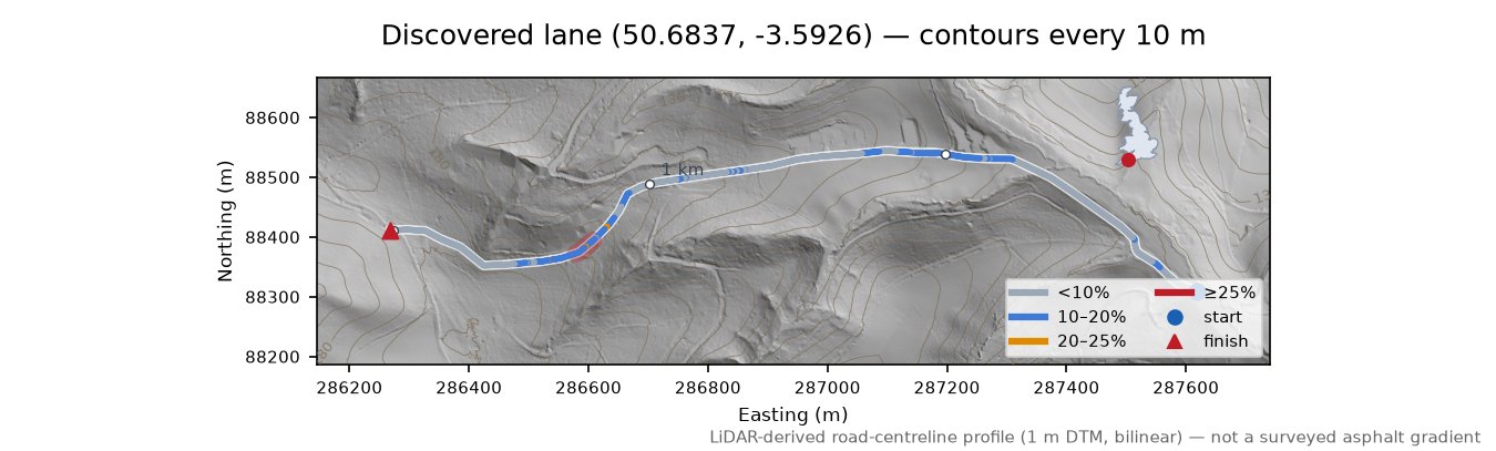 Discovered lane (50.6837, -3.5926) LiDAR hillshade map with contours