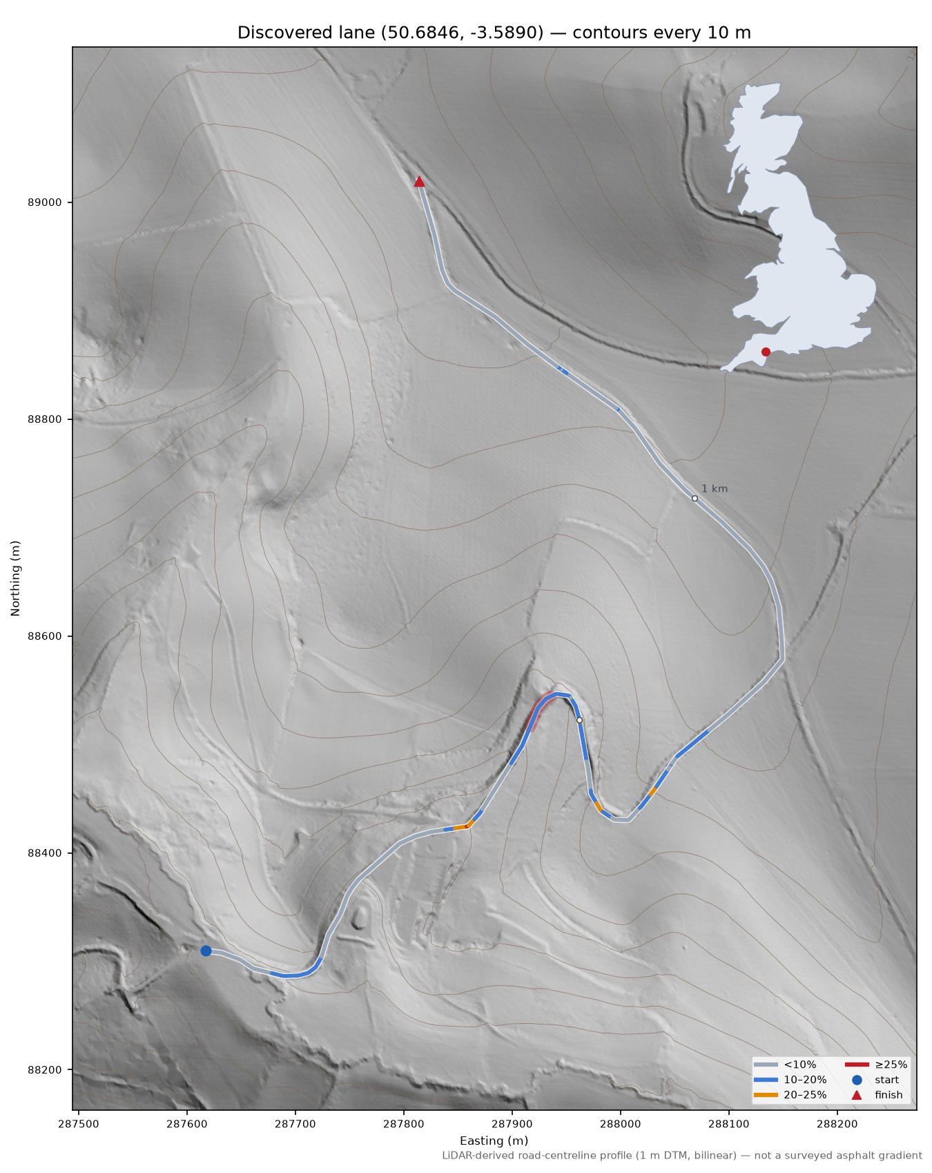 Discovered lane (50.6846, -3.5890) LiDAR hillshade map with contours